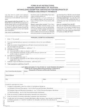 Virginia Withholding Exemption Certificate for Pension and Annuity Payments