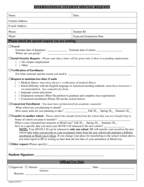 International Student Special Request Form
