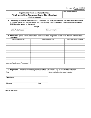 Final Invention Statement and Certification Form HHS 568