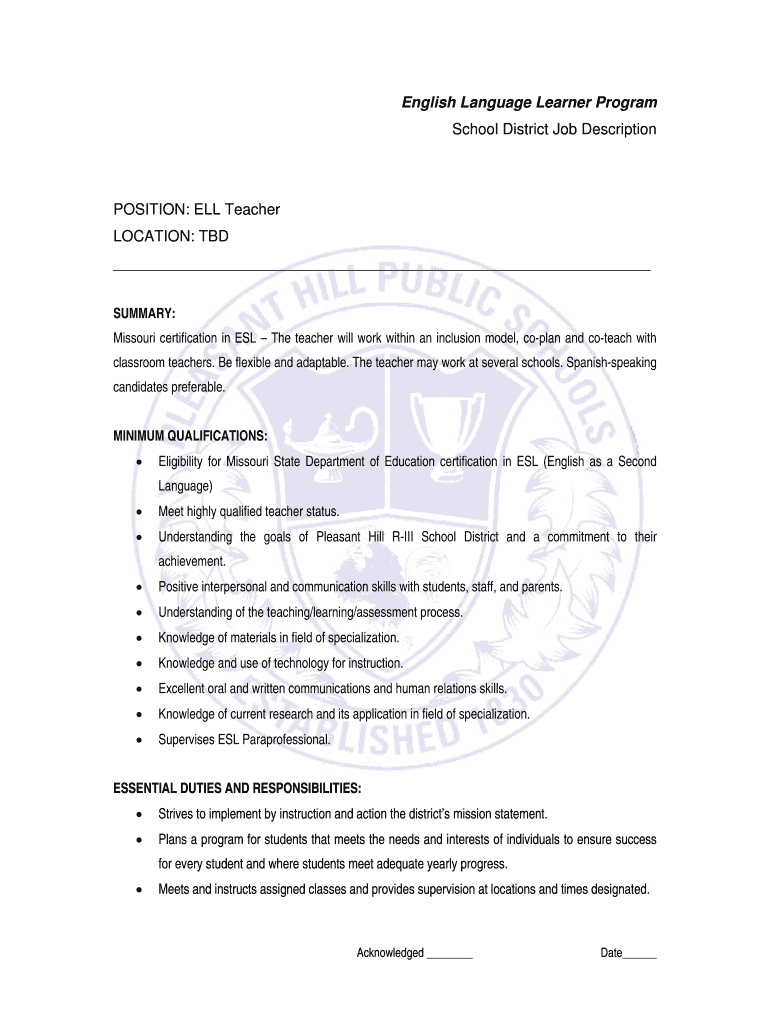 Fillable Online School District Job Description POSITION ELL Teacher