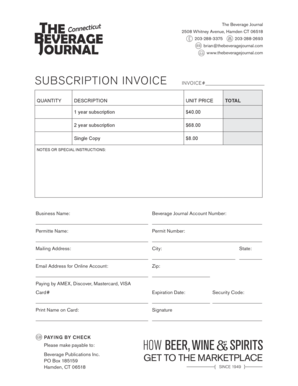 Beverage Journal Subscription Invoice