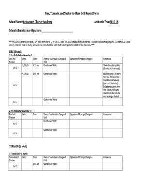 Fire Tornado Shelter-in-Place Drill Report Form