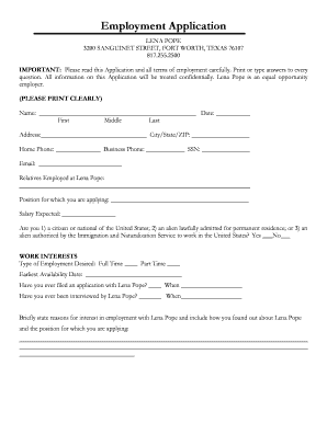 Lena Pope Employment Application