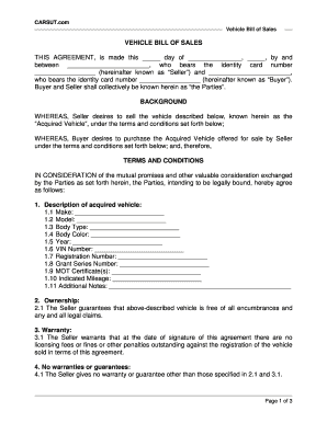 Vehicle Bill of Sales Agreement