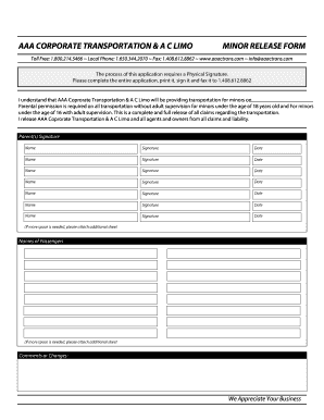 AAA Corporate Transportation Minor Release Form