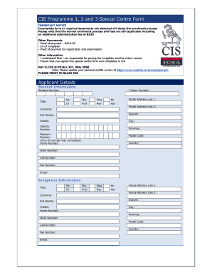 CIS Programme Special Centre Form