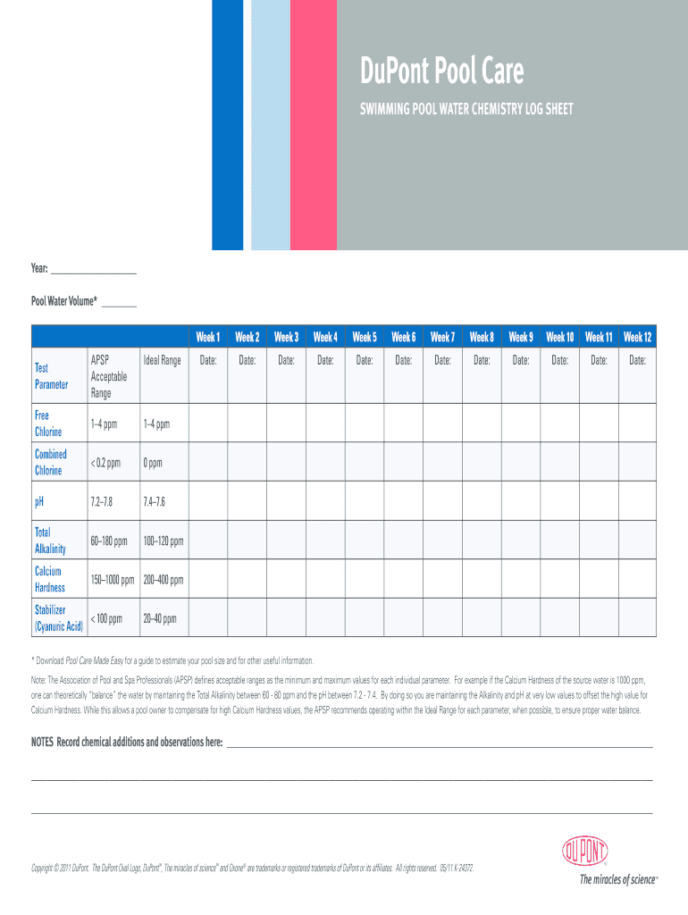 Pool Chemical Testing Log Sheets Fill and Sign Printable Template