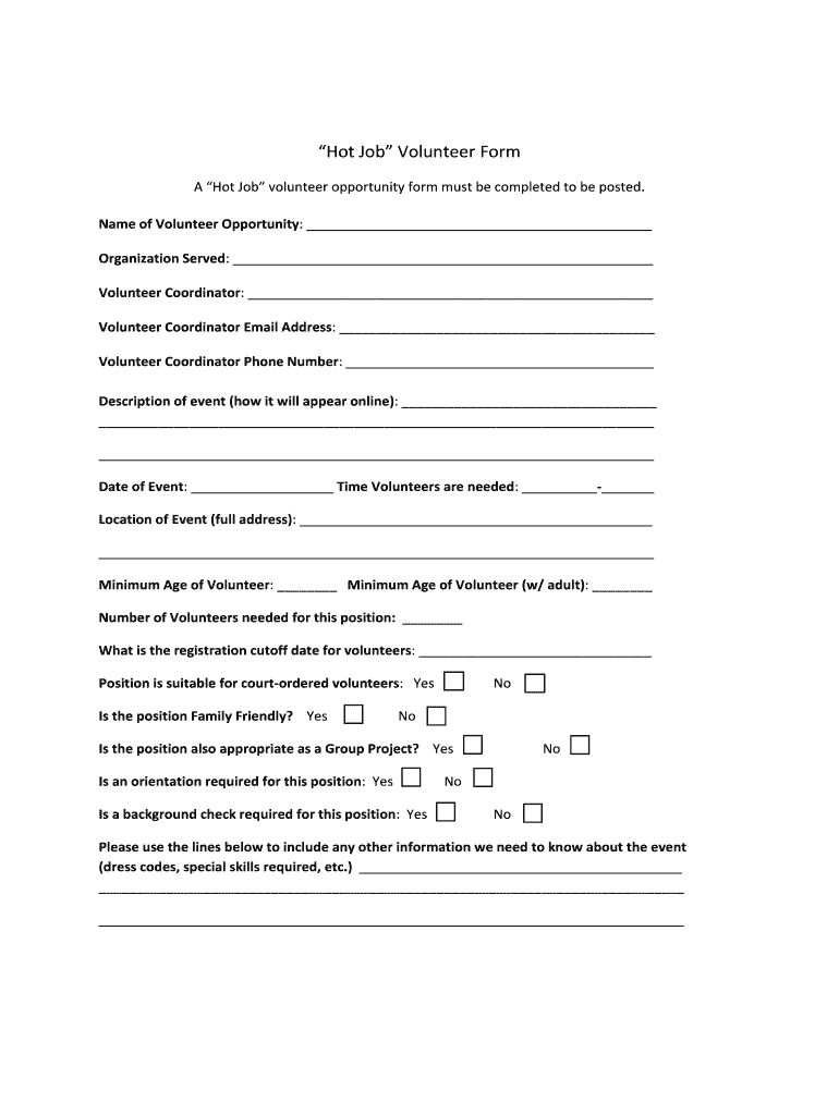 Hot Job Volunteer Form - Bergen Volunteer Center Preview on Page 1