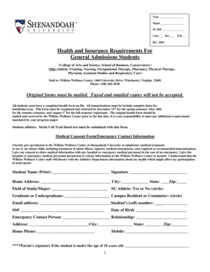 Shenandoah University Health and Insurance Requirements Form