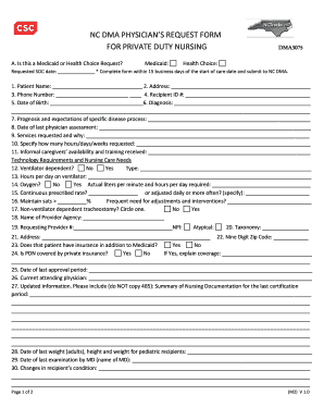 NC DMA Physician's Request Form for Private Duty Nursing