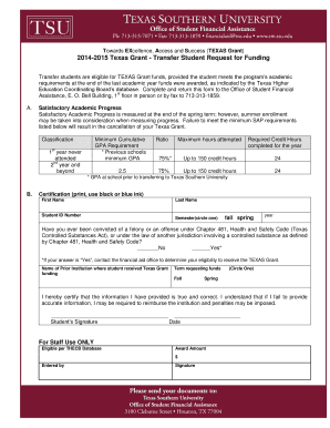 Texas Grant Transfer Student Request for Funding