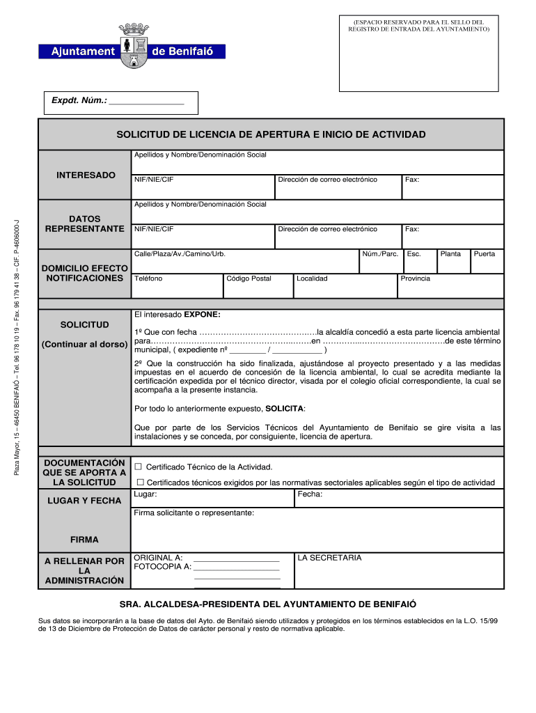 Instancia licencia apertura doc - benifaio Vista previa en la página 1