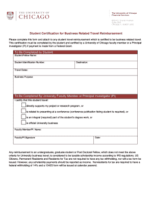 Student Certification for Business Related Travel Reimbursement