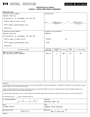 Canada Korea Free Trade Agreement Certificate of Origin