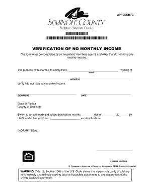 Verification of No Monthly Income Form