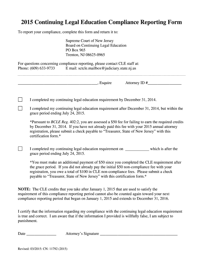 Fillable Online judiciary state nj 2015 CLE Compliance Reporting Form