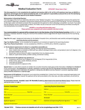 PCA Club Racing Medical Evaluation Form