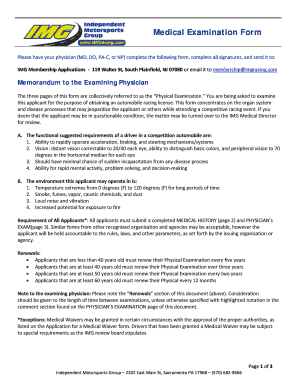 IMG Racing License Medical Examination Form
