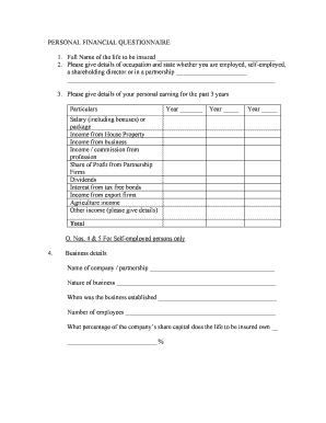 Personal Financial Questionnaire for Insurance
