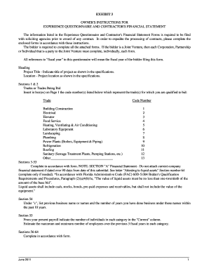OWNERS INSTRUCTIONS FOR EXPERIENCE QUESTIONNAIRE AND