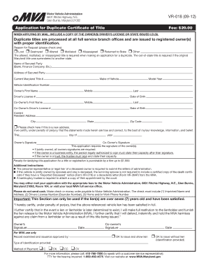 Maryland Duplicate Certificate of Title Application