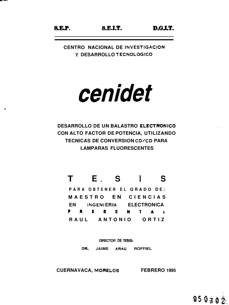 CENTRO NACIONAL DE INVESTIGACION Y DESARROLLO TECNOLOGICO cenidet DESARROLLO DE UN BALASTRO ELECTRON Vista previa en la página 1