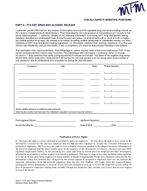 FTA DOT Drug and Alcohol Release Form