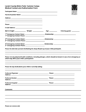 Lorain County Metro Parks Summer Camp Medical Authorization Form
