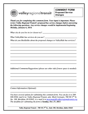ValleyRide Bus Service Comment Form