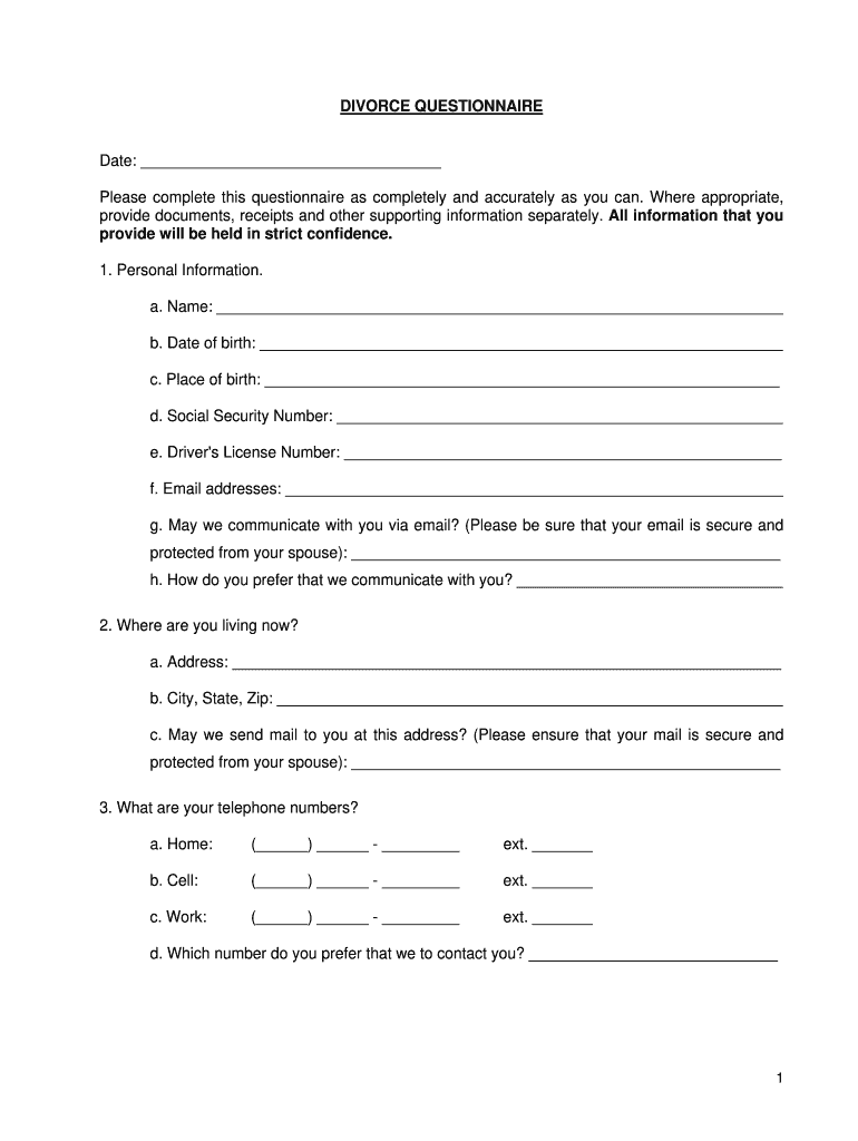 Divorce Questionnaire Fill Online, Printable, Fillable, Blank pdfFiller