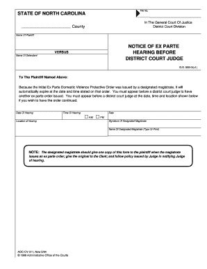 North Carolina Ex Parte Domestic Violence Protective Order Notice