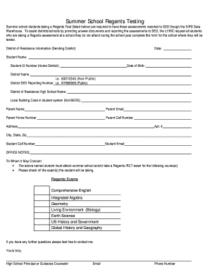 Summer School Regents Testing Form