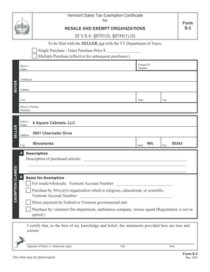 Vermont Sales Tax Exemption Certificate