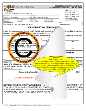 Roofing Completion Certificate and Final Payment Unconditional Lien Release