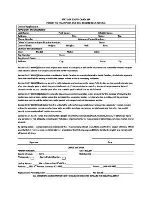 South Carolina Nonferrous Metal Transport Permit