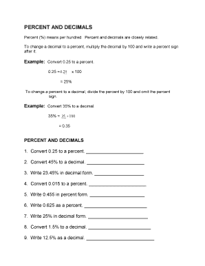 Math Worksheet Percent and Decimals