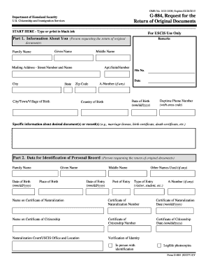 USCIS Form G-884 Request for Return of Original Documents