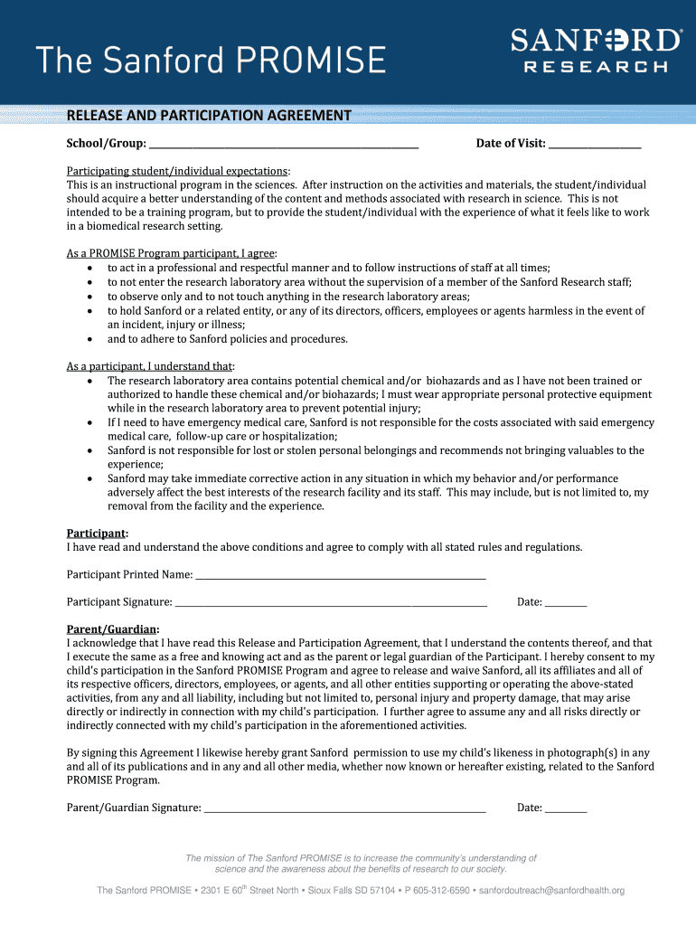 Sanford PROMISE Release and Participation Agreement - Fill and Within program participation agreement template