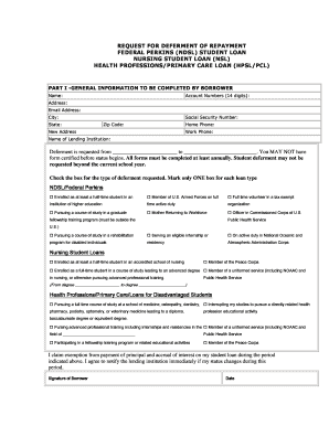 Request for Deferment of Repayment for Federal Perkins (NDSL) Student Loan