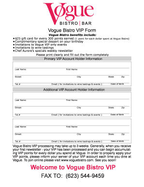 Vogue Bistro VIP Membership Form