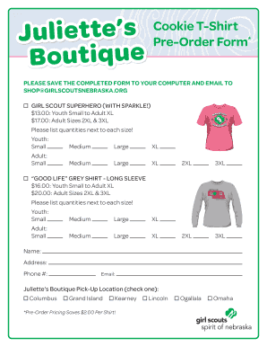 Girl Scouts Nebraska Cookie T-Shirt Pre-Order Form