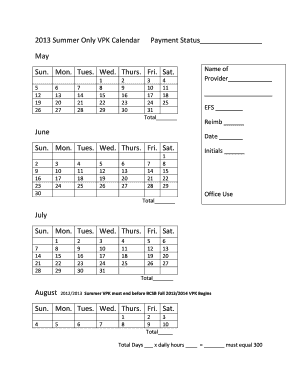 2013 Summer VPK Payment Calendar
