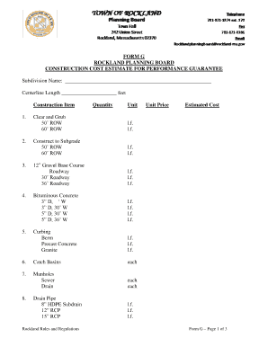 FORM G ROCKLAND PLANNING BOARD CONSTRUCTION COST ESTIMATE