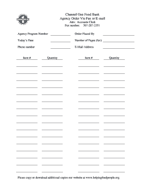 Channel One Food Bank Agency Order Form