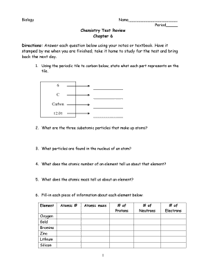 Chemistry Test Review Worksheet