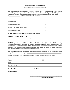 Labor and Vacation Claim Form