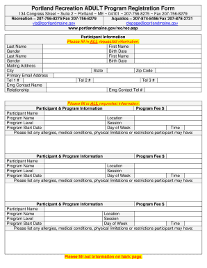 Portland Recreation Adult Program Registration Form