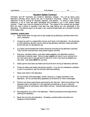 Student Safety Contract for Chemistry Labs