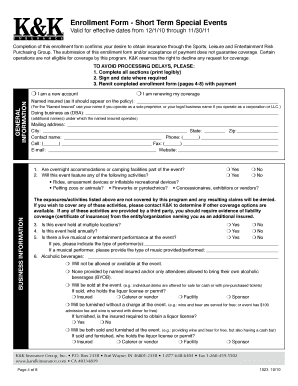 Short Term Special Events Insurance Enrollment Form