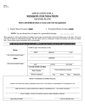 North Carolina Mission Foundation License Plate Application